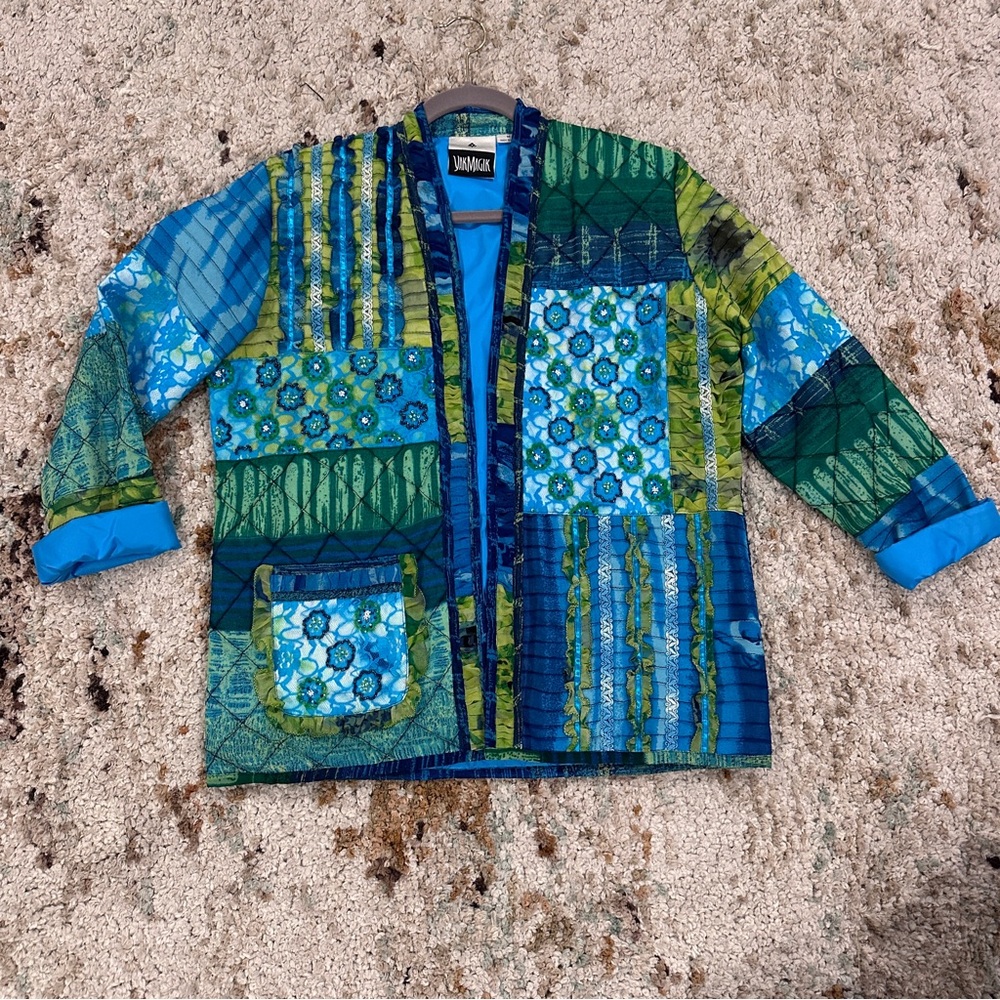 Patchwork Blue & Green Open-Front Jacket By Jane … - image 2